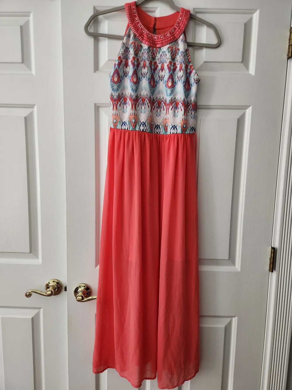 Amy's Closet Girl's Coral Halter Maxi Summer Dress with Beaded Trim, Size 16